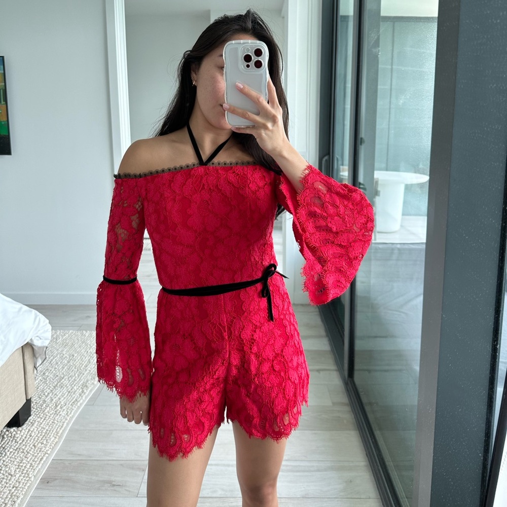 Alexis Red Long Sleeve Lace Romper in Size XS